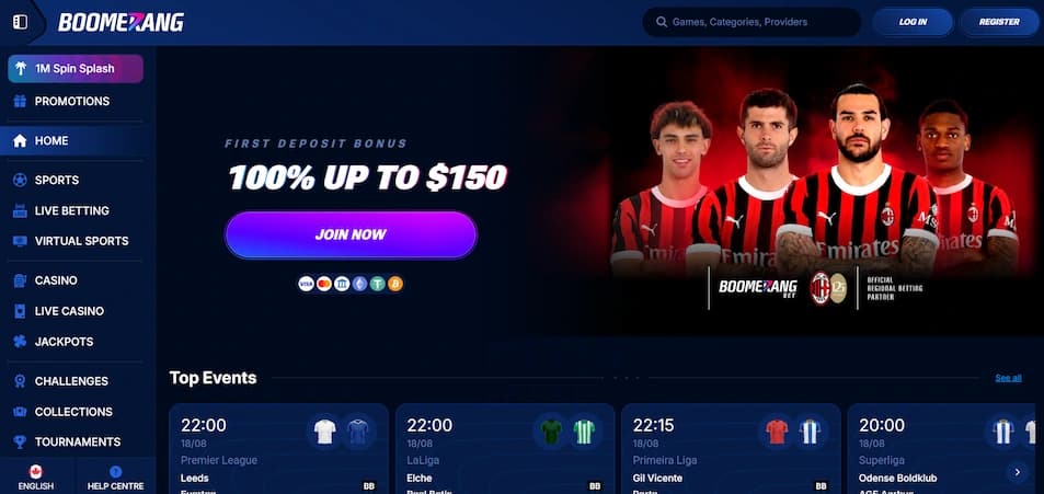 Boomerang Bet Casino homepage featuring a welcome bonus banner with football players and promotional details for Canadian players.