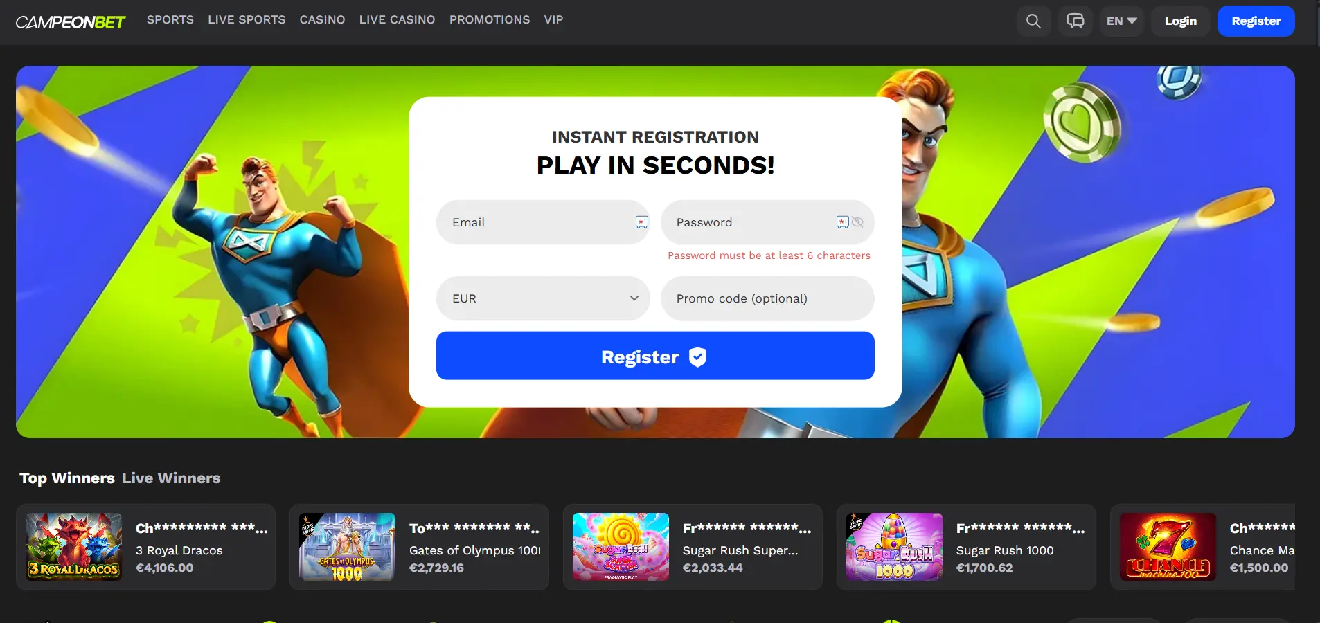 Campeonbet casino homepage showing the instant registration button, top winners leaderboard, and a dark-themed layout