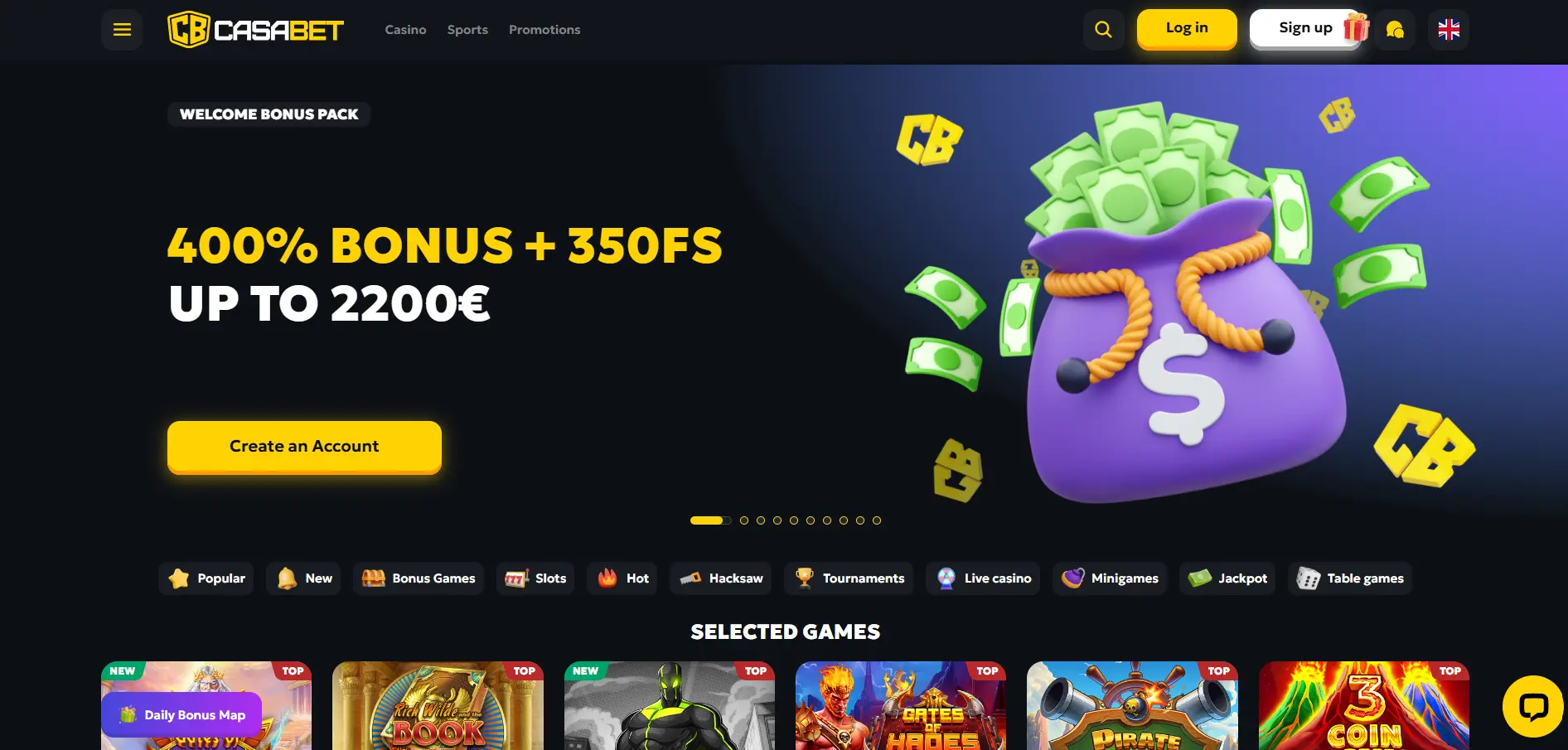 CasaBet casino homepage featuring a dollar-filled sack graphic, welcome bonus banner, game filters, navigation menu, and login and sign-up buttons set against a dark black background