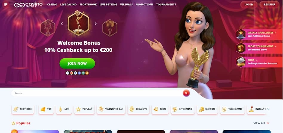 Casino Infinity homepage featuring an illustrated woman holding an award trophy against a pink and white background