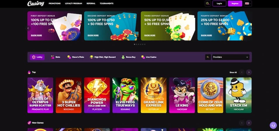 Casiny casino homepage showing navigation menu, registration button, and welcome deposit bonus banners