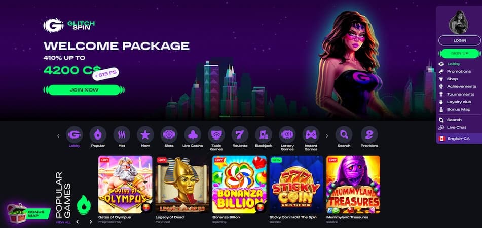 GlitchSpin Casino homepage displaying the welcome package offer, a superhero woman graphic, and main navigation menu options