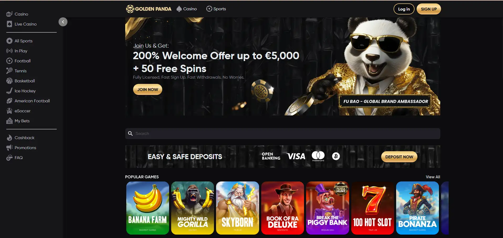 Golden Panda -kasinon etusivu mustalla taustalla, panda-aiheinen kuvitus ja tervetuliaisbonuksen tiedot näkyvissä.