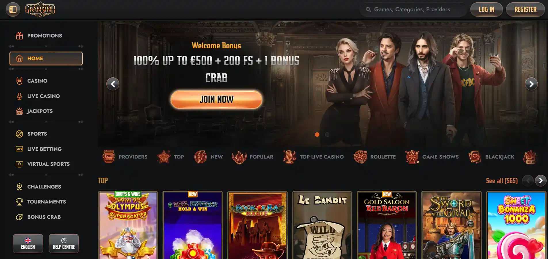 Gransino Casino homepage banner featuring celebrity lookalikes, a welcome offer, the navigation menu, and a selection of available games.