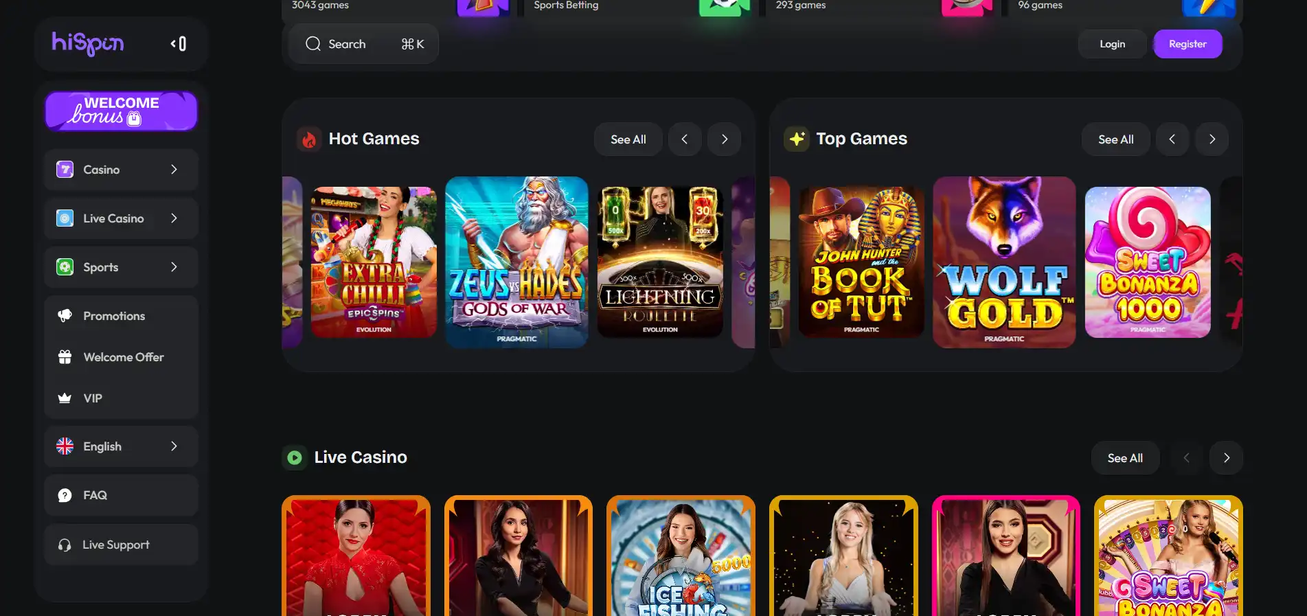 HiSpin Casino homepage displaying featured game tiles and navigation menu on a dark background.