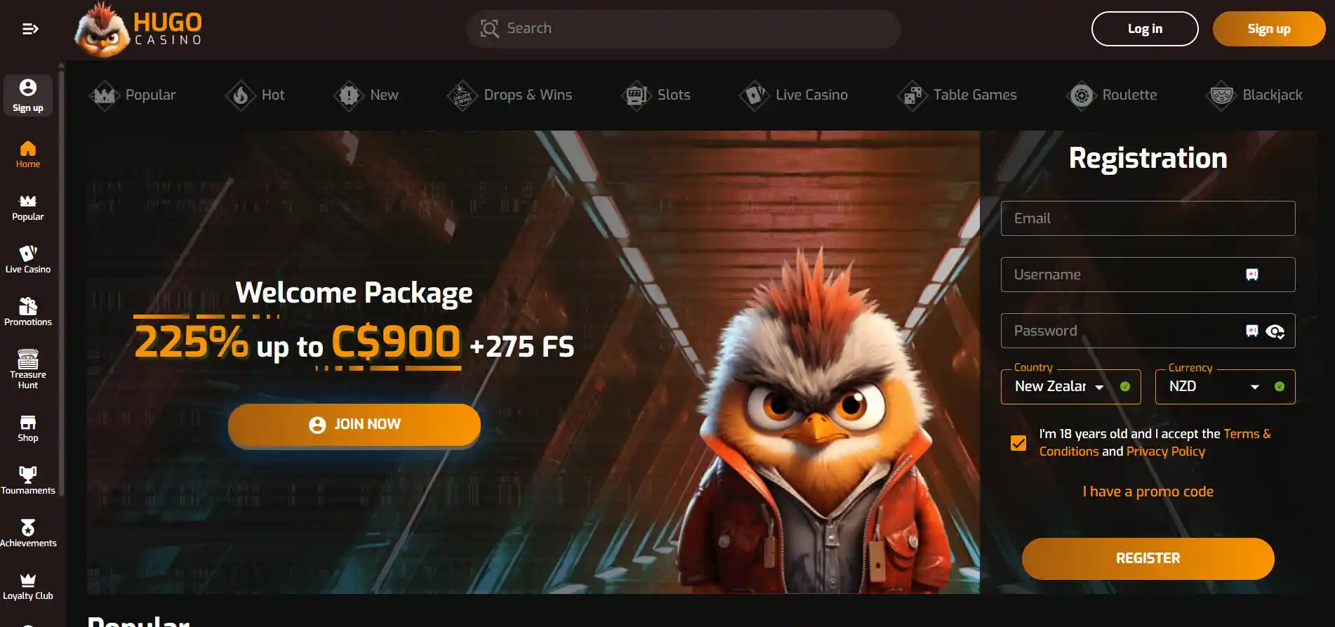Hugo Casino homepage featuring a mascot bird in a jacket alongside welcome bonus details