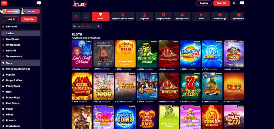 IntellectBet casino homepage displaying featured slot games, filtering tools, and a side navigation menu with sign up, log in, free money, and VIP club options