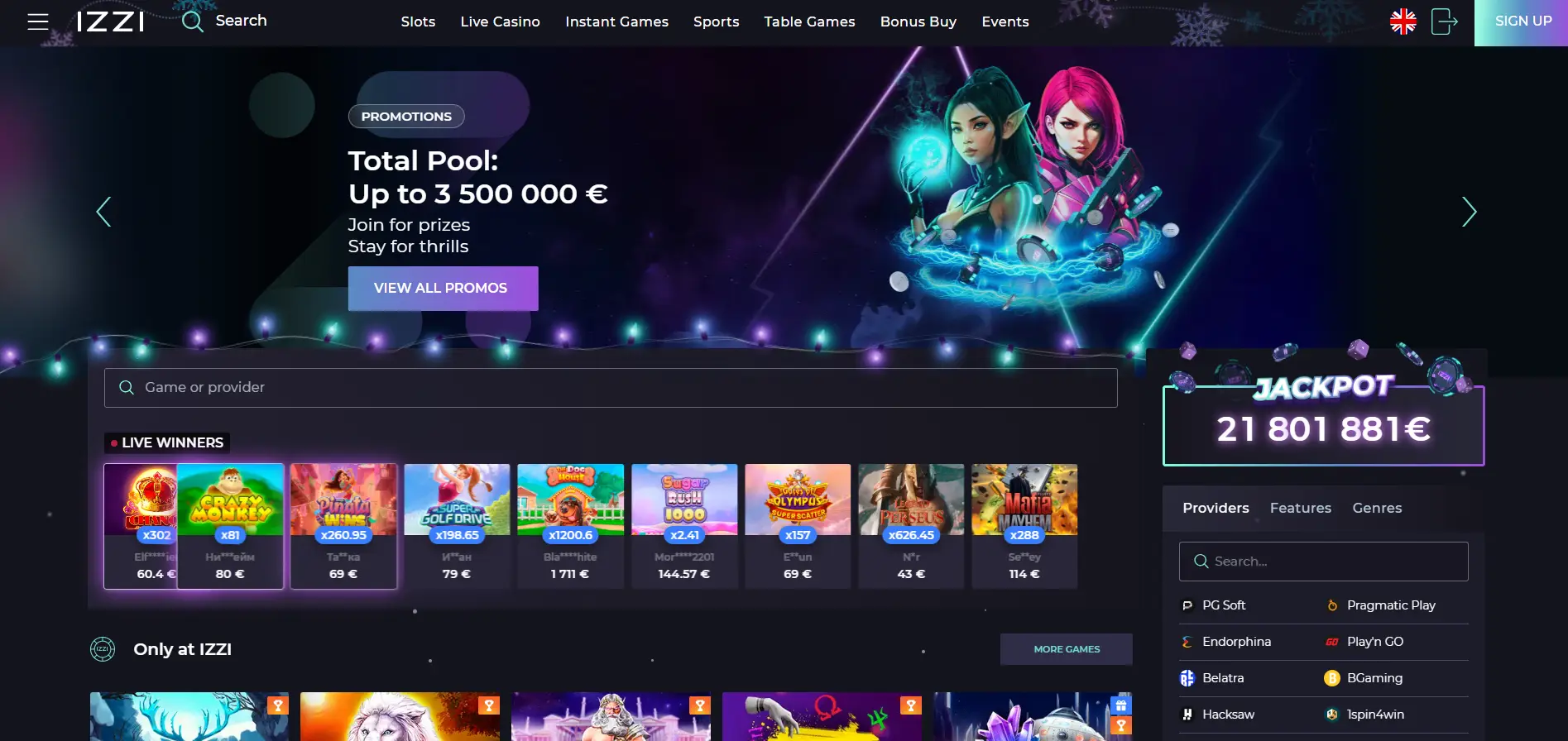 IZZI Casino homepage featuring a promotional banner, featured game tiles, and navigation menu on a dark background.