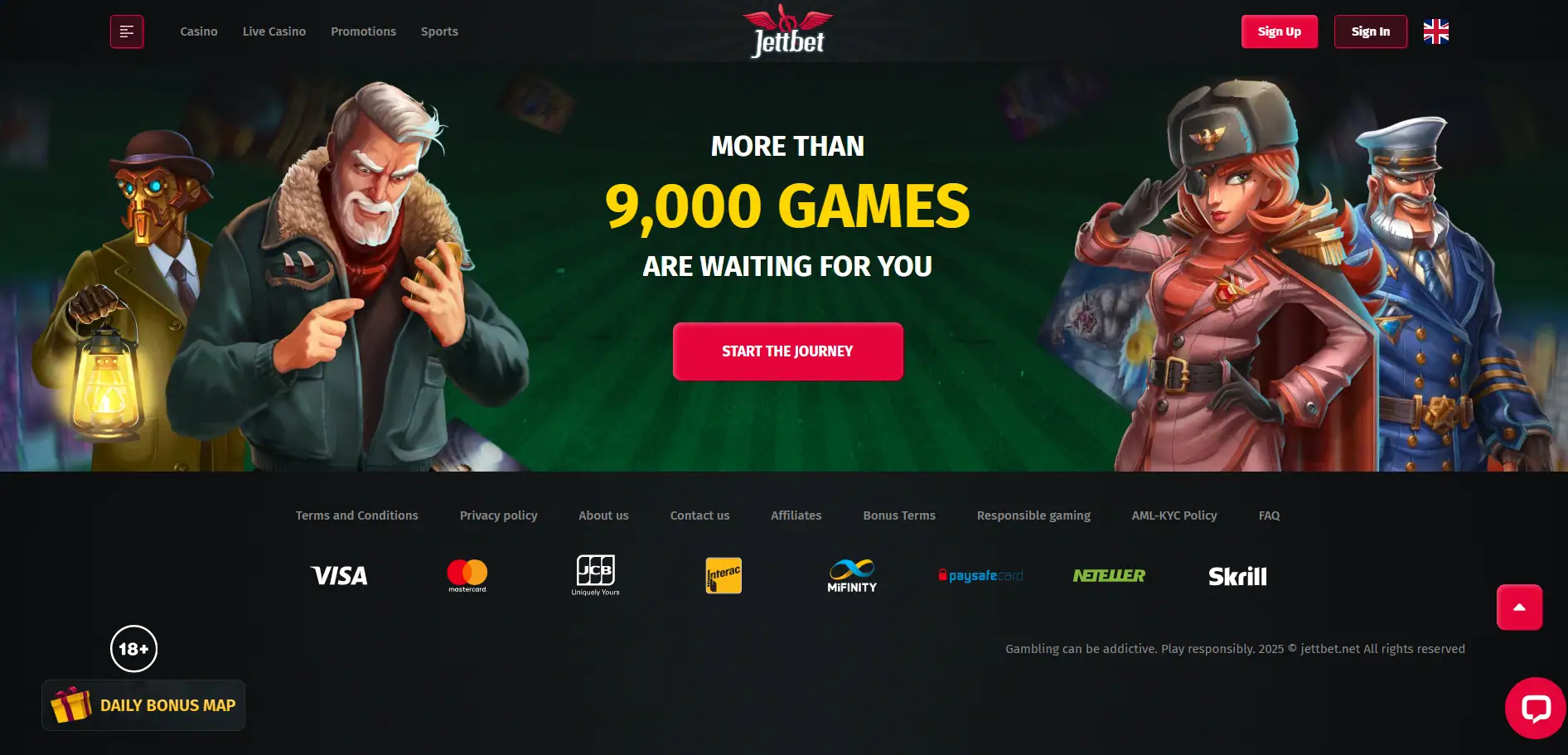 Jettbet Casino homepage banner featuring illustrated characters and the headline 'More than 9,000 games are waiting for you' with a Start the Journey button on a dark background.