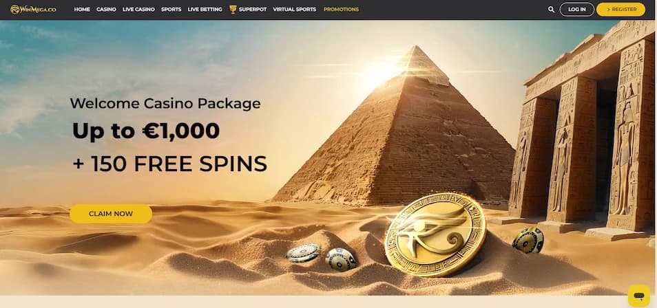 WinMega casino homepage featuring a pyramid-themed welcome banner, deposit offer details, a claim button, and navigation menu with register and login options