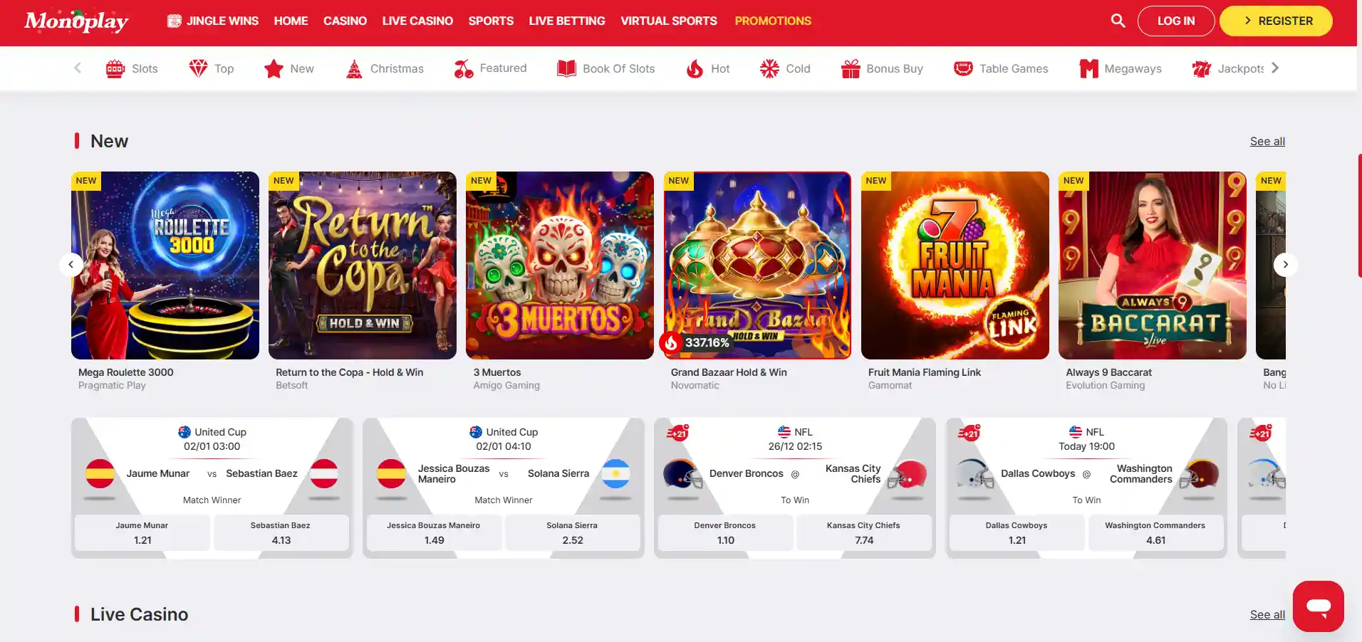 Monoplay Casino homepage displaying game filters, featured titles, and navigation menu on a white and red background.