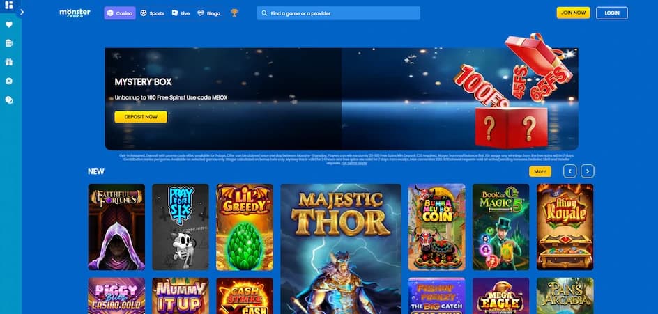Monster Casino homepage displaying a blue-themed layout with game thumbnails, promotional banners, and a navigation menu