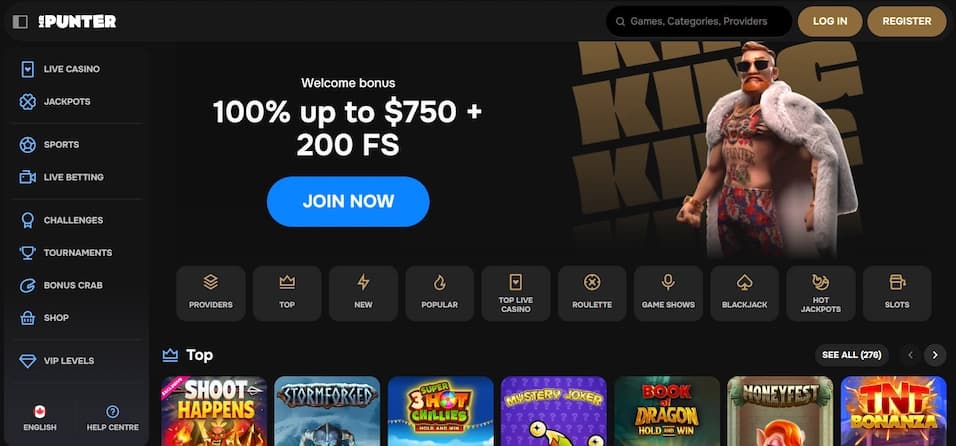 MrPunter casino homepage featuring an MMA fighter mascot alongside welcome bonus details on the main banner