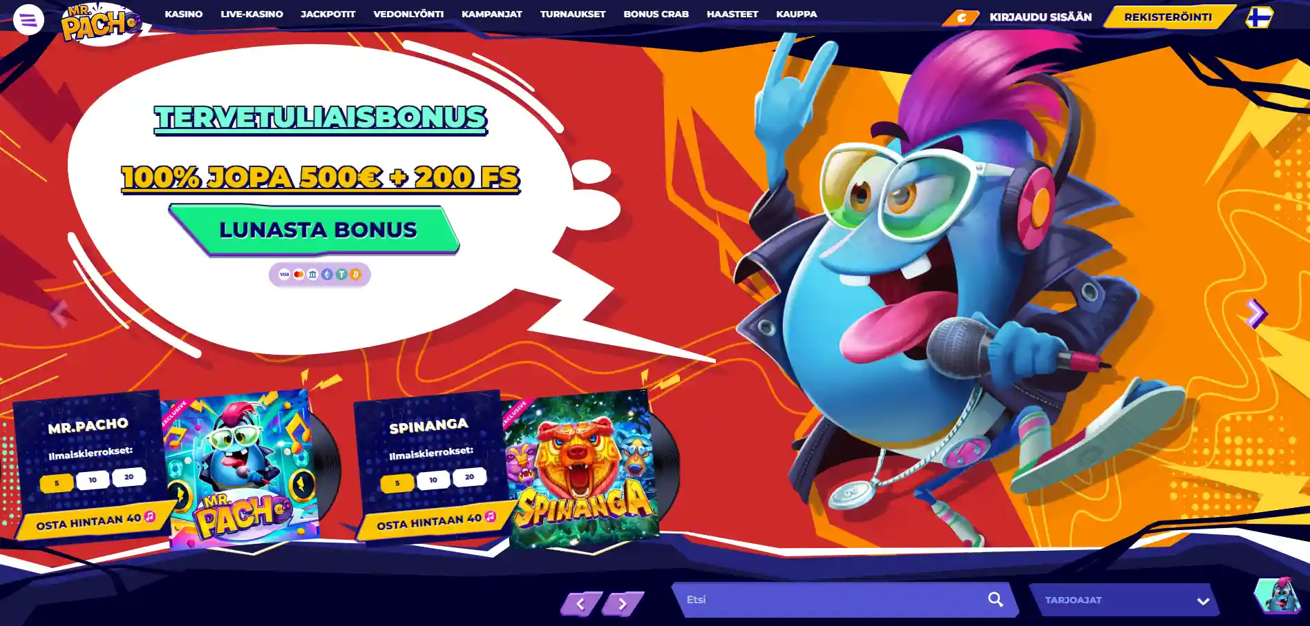 Mr.Pacho-kasinon etusivu tervetuliaisbonus-tarjouksella, navigointivalikko ja kasinon tunnusmerkki näkyvissä.