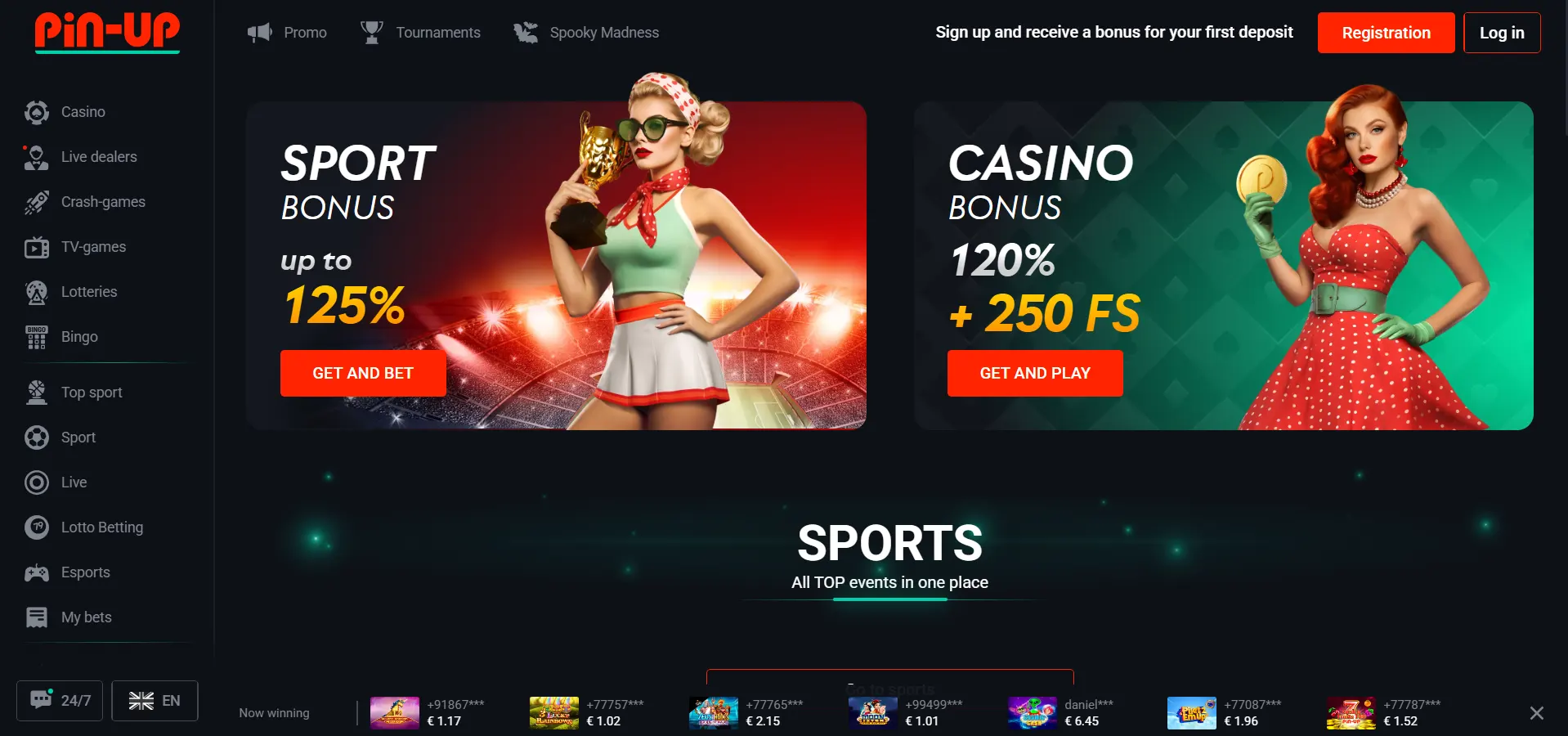 Pin-Up Casino homepage displaying the navigation menu alongside casino and sportsbook bonus details on a dark background.