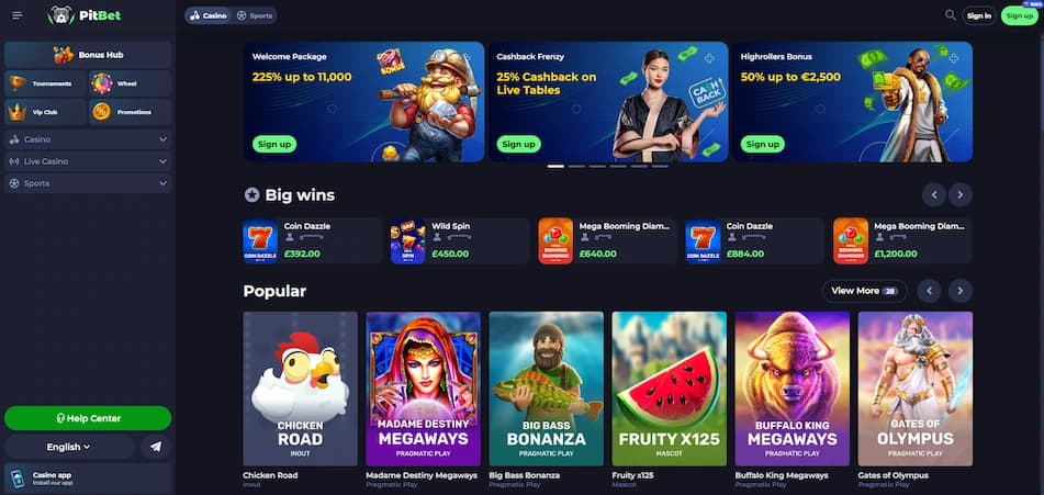 Pitbet Casino homepage showing the main lobby and navigation for New Zealand players