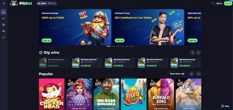 Pitbet Casino homepage displaying promotional banners, navigation menu, featured big wins, and popular game thumbnails