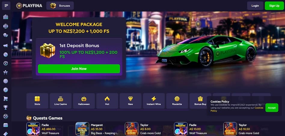 Playfina Casino homepage showing the welcome bonus offer, navigation menu, and game filter options on a blue background.