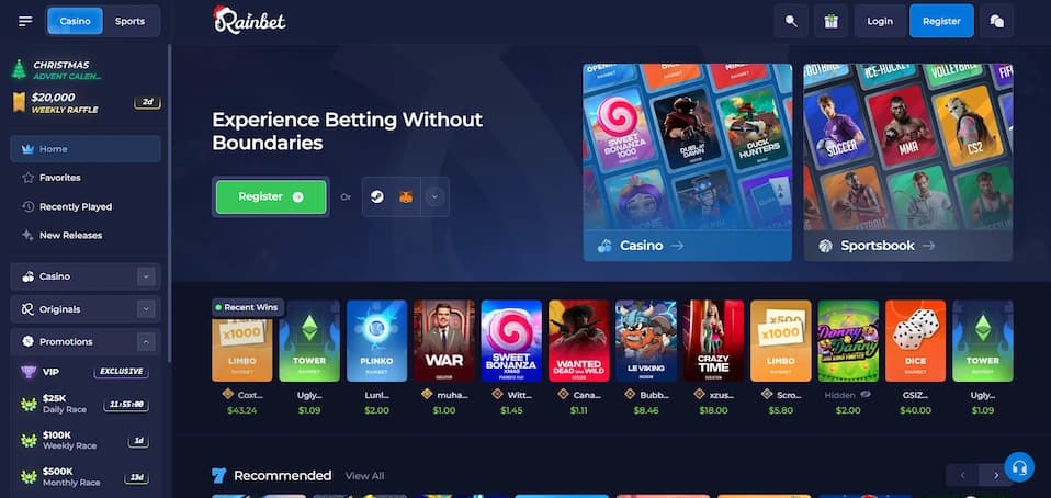 Rainbet Casino homepage displaying recent player wins and a promotional banner on a blue background.