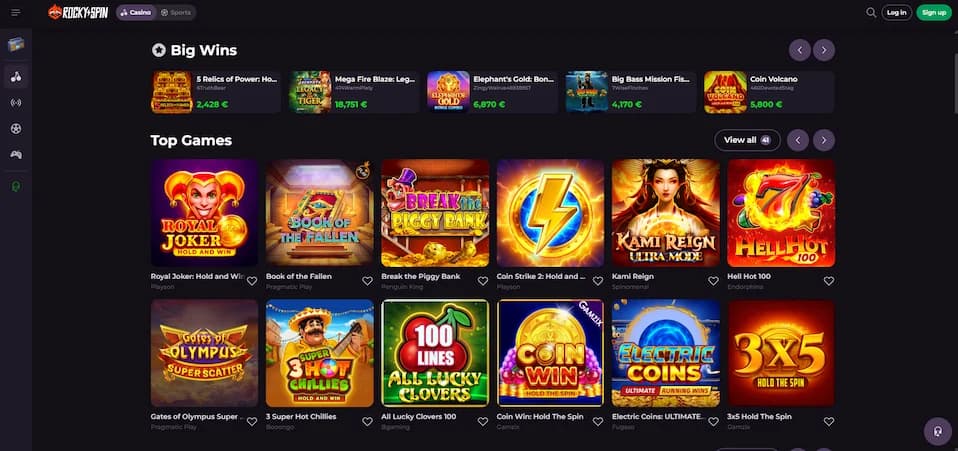 Rockyspin Casino official homepage interface showing game lobby and navigation