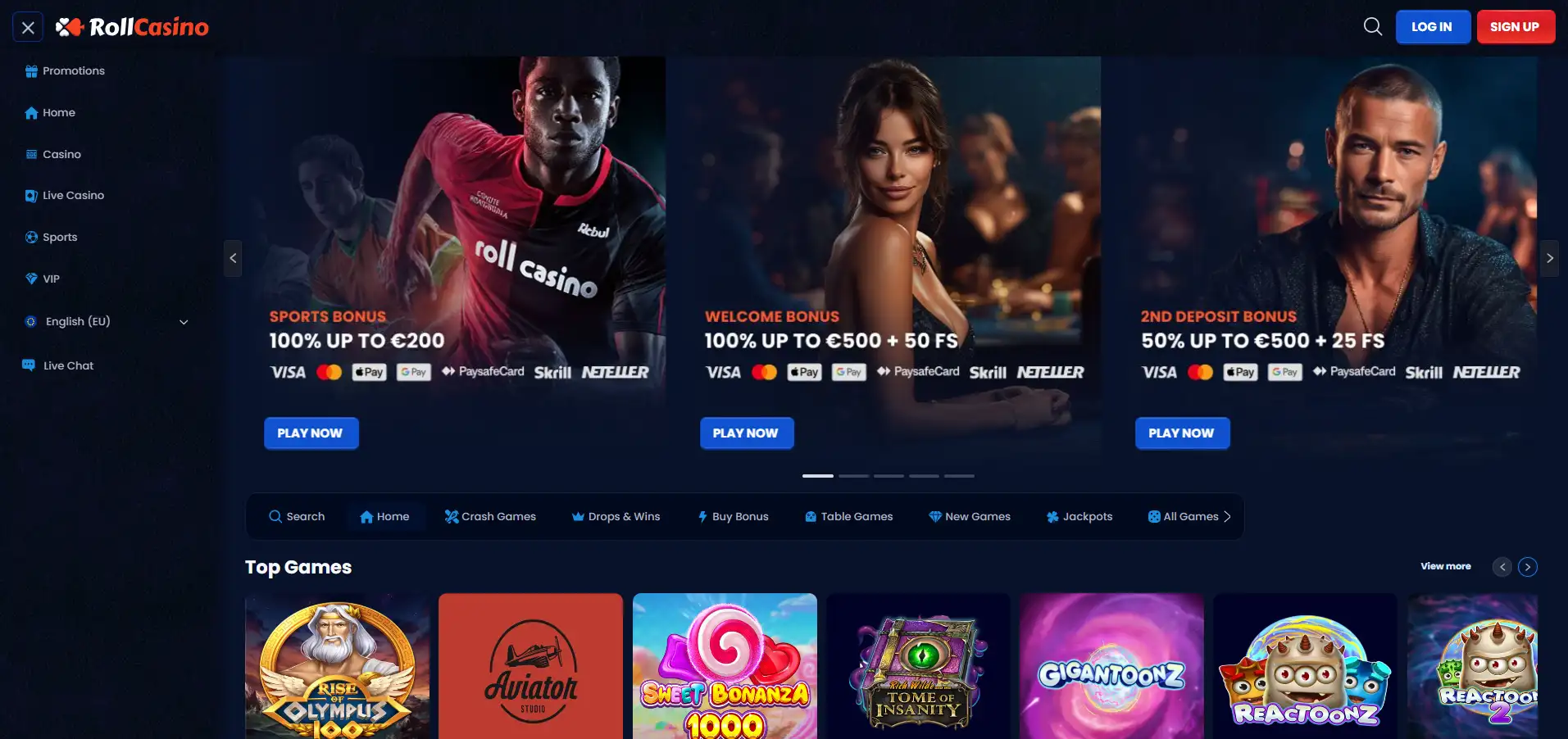 RollCasino homepage displaying bonus offers, navigation menu, and featured top games against a dark background.