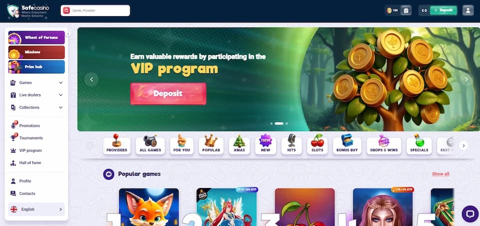 SafeCasino homepage displaying VIP program details, game filters, navigation menu, and a game grid set against a purple background.