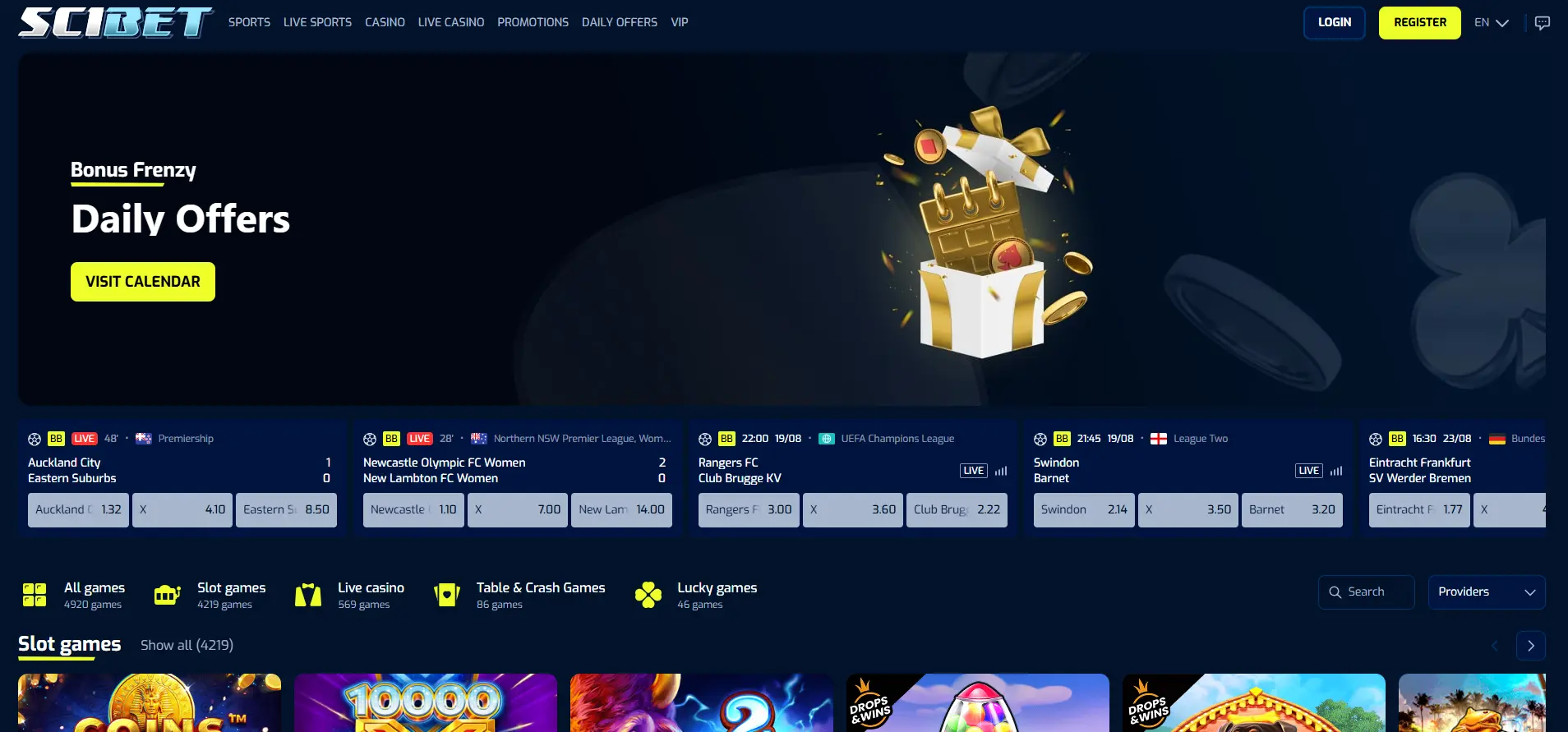 Scibet Casino homepage featuring a dark blue layout with a promotional banner showing a gift box bursting with gold coins, daily offer details, sports betting markets, filtering tools, and login and registration buttons