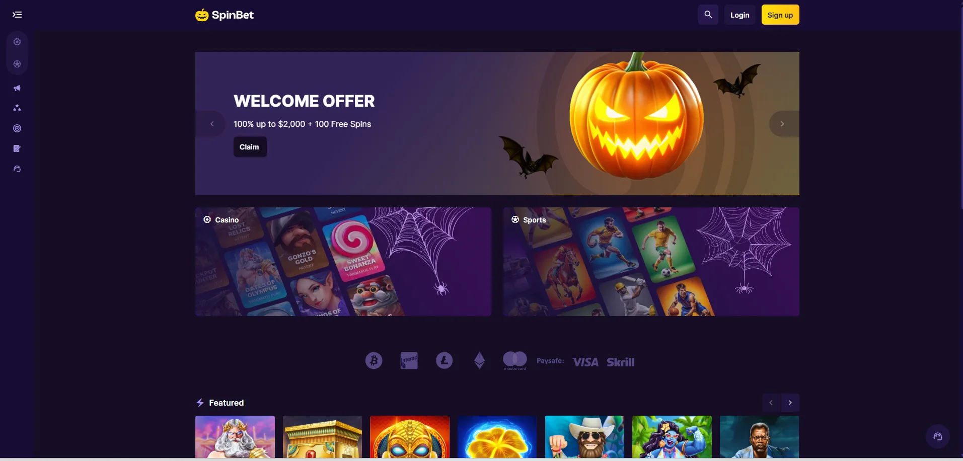 Spinbet Casino homepage displaying a Halloween-themed welcome offer and main navigation menu