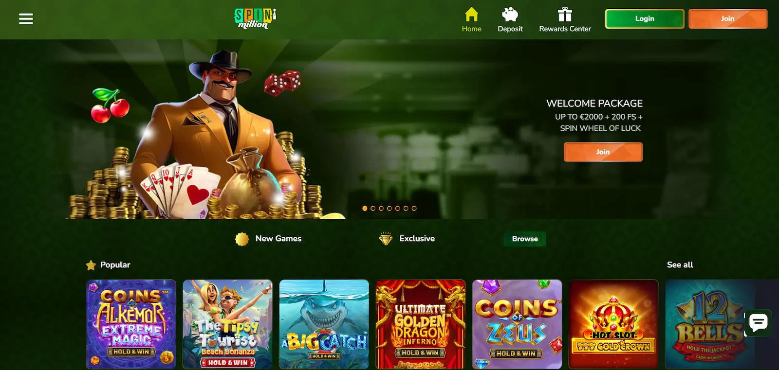 Spin Million Casino homepage featuring an illustrated man surrounded by casino symbols, cash, navigation menu, and game thumbnails.