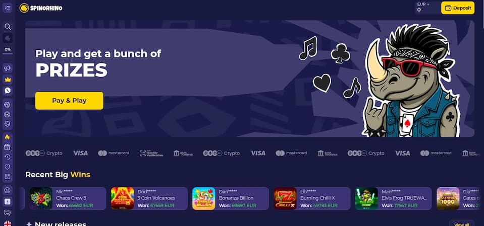 Spinorhino Casino homepage featuring a rhinoceros mascot and navigation menu set against a bold blue background.