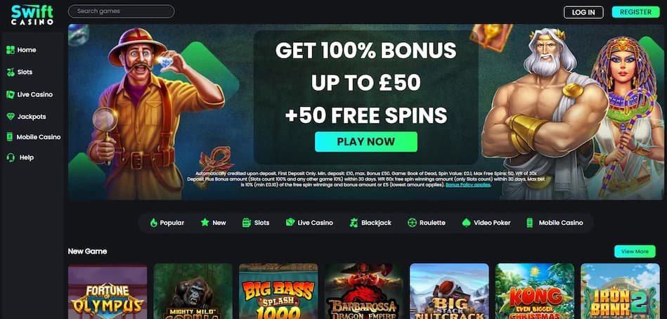 Swift Casino homepage featuring slot game characters and a welcome bonus banner on a dark background.