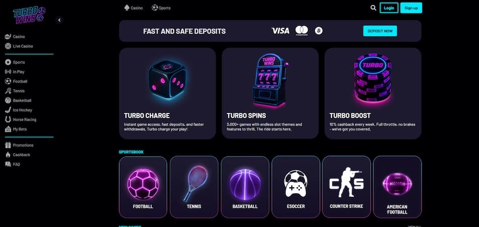 Turbo Wins casino homepage showing deposit options, navigation menu, and featured promotions for Canadian players.