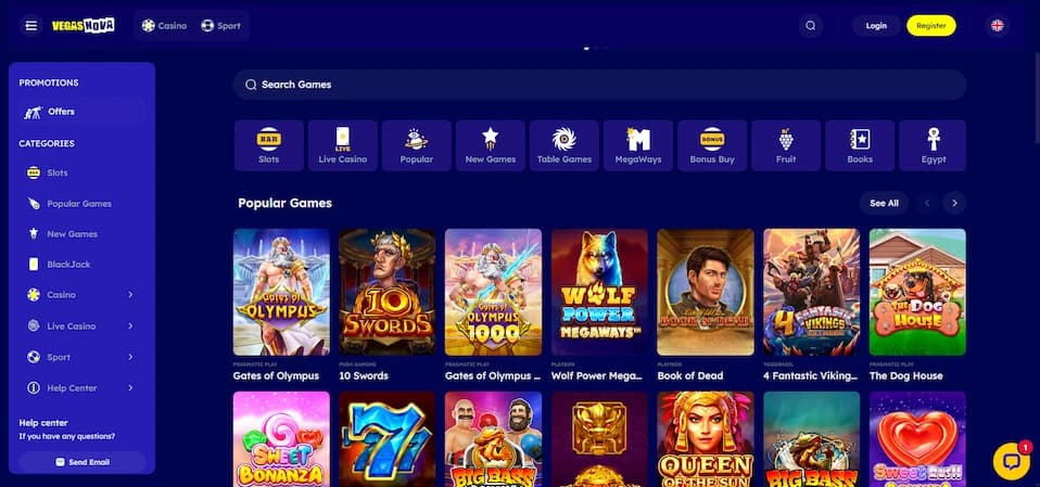 Vegas Nova Casino homepage showcasing the welcome bonus offer for new players