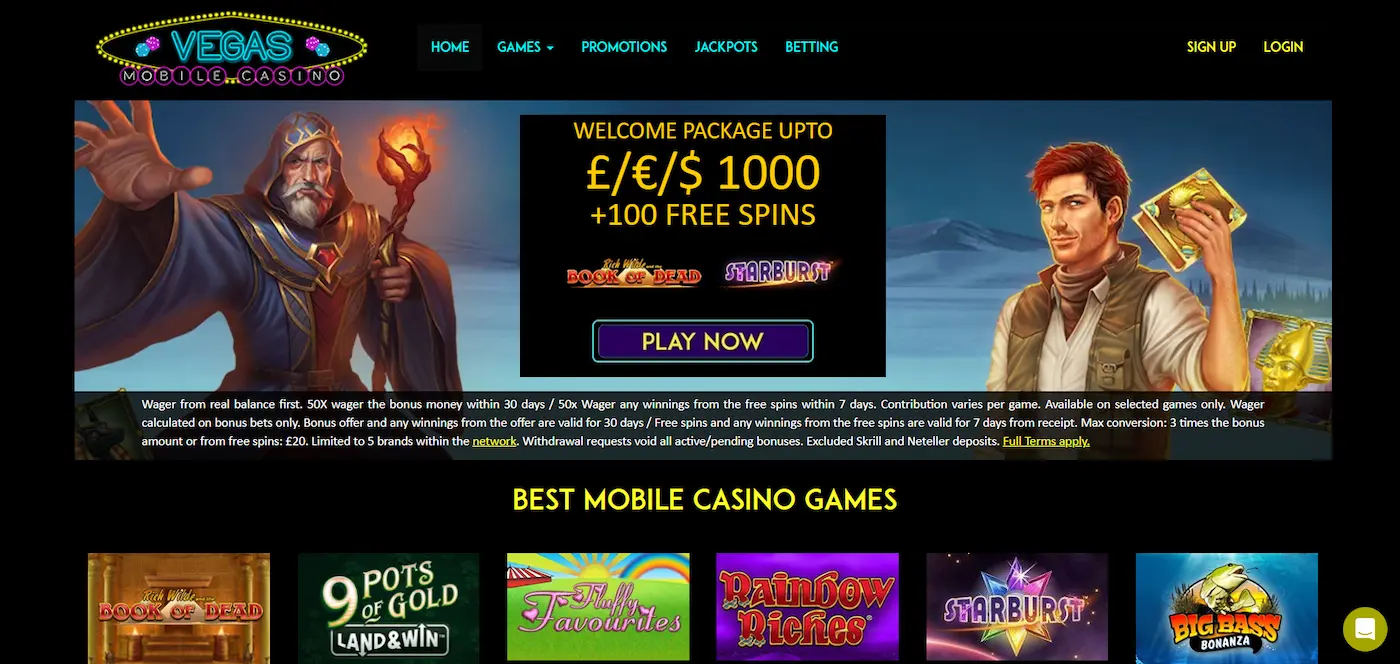 Vegas Mobile Casino homepage banner featuring slot characters and promotional bonus details on a dark background
