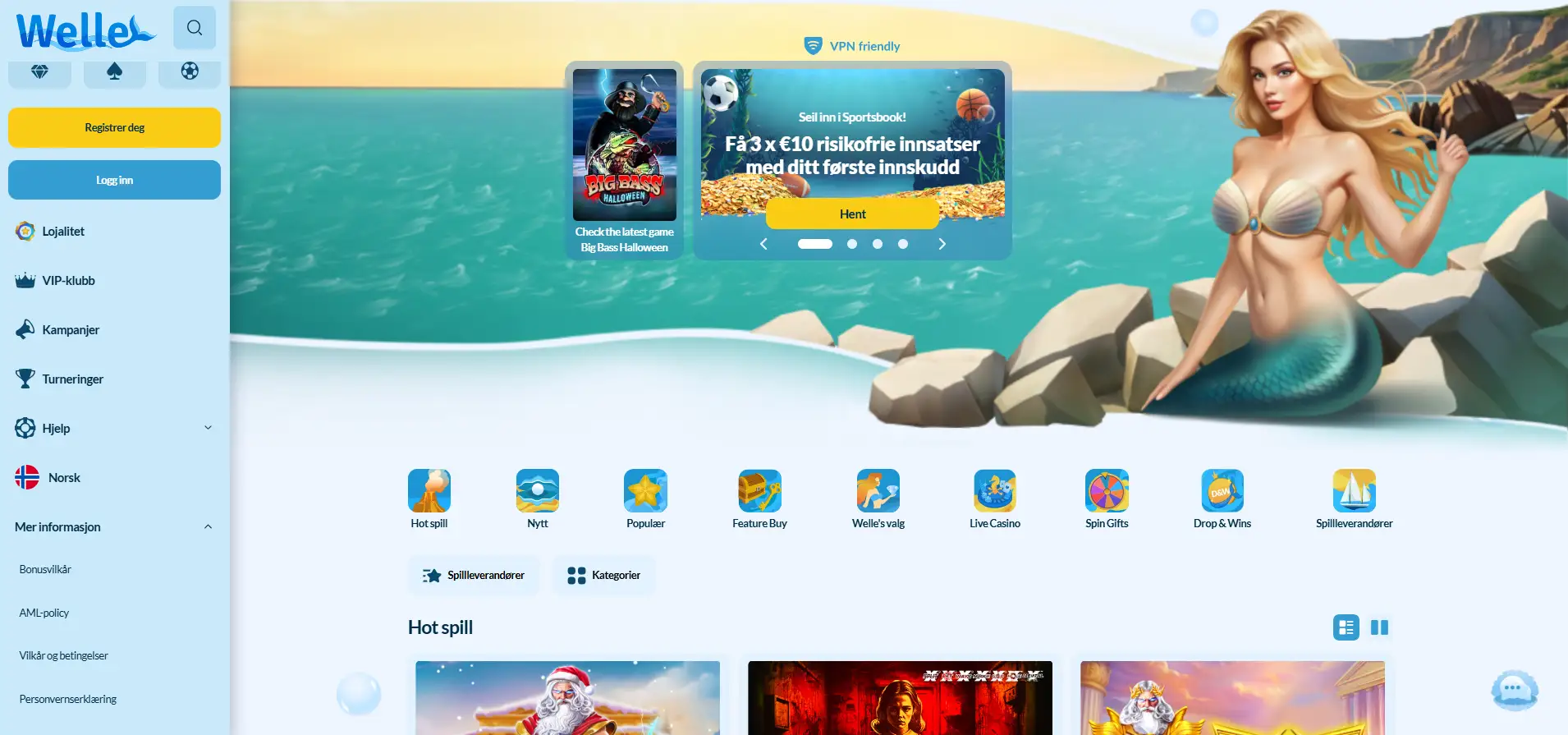 Welle Casino sin norske hjemmeside med havfrue-banner, navigasjonsmeny og spillfiltreringsalternativer