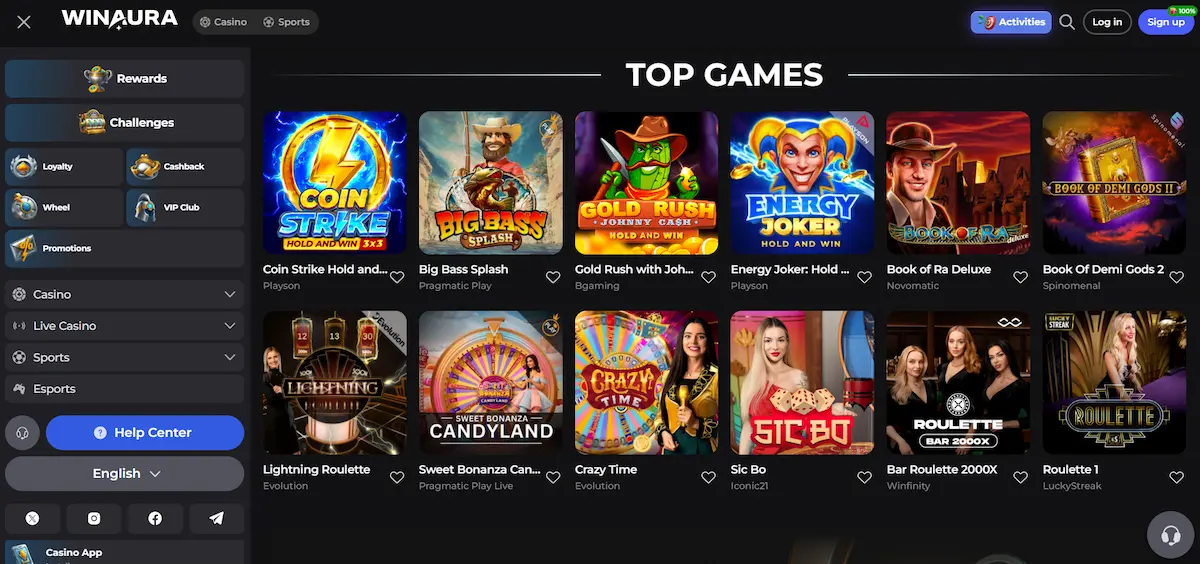 Winaura Casino homepage showcasing top games and navigation menu on a dark background