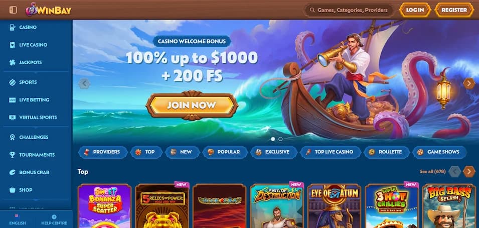 Winbay Casino homepage as seen by New Zealand players