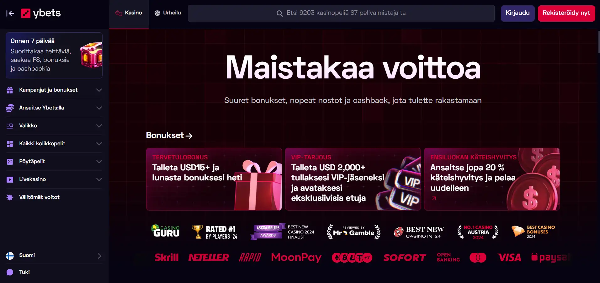 Ybets Casinon etusivu, jossa näkyy navigointivalikko ja bonustarjonta tummalla taustalla.