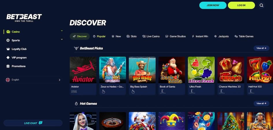 Betbeast Casino game lobby showing the side menu, filtering options, and a selection of available casino games