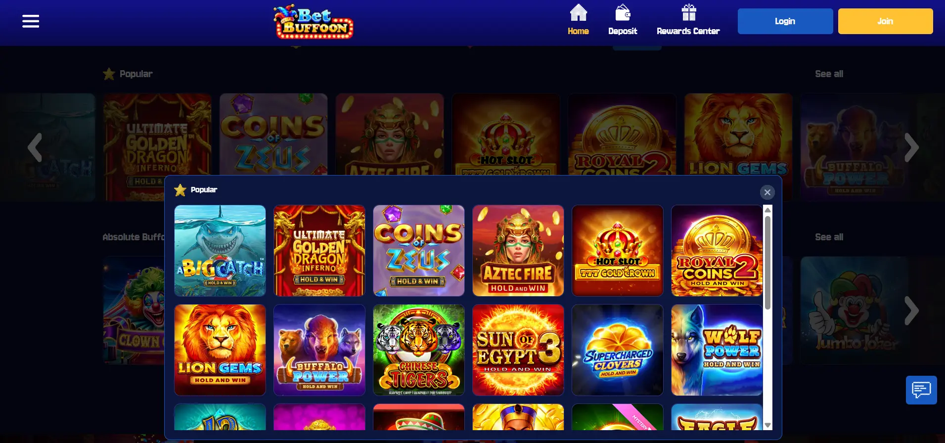 Bet Buffoon casino game lobby showing popular titles displayed on a blue background.