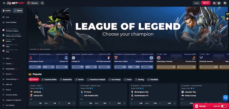 BetFury Casino sportsbook interface displaying live and upcoming matches across multiple sports