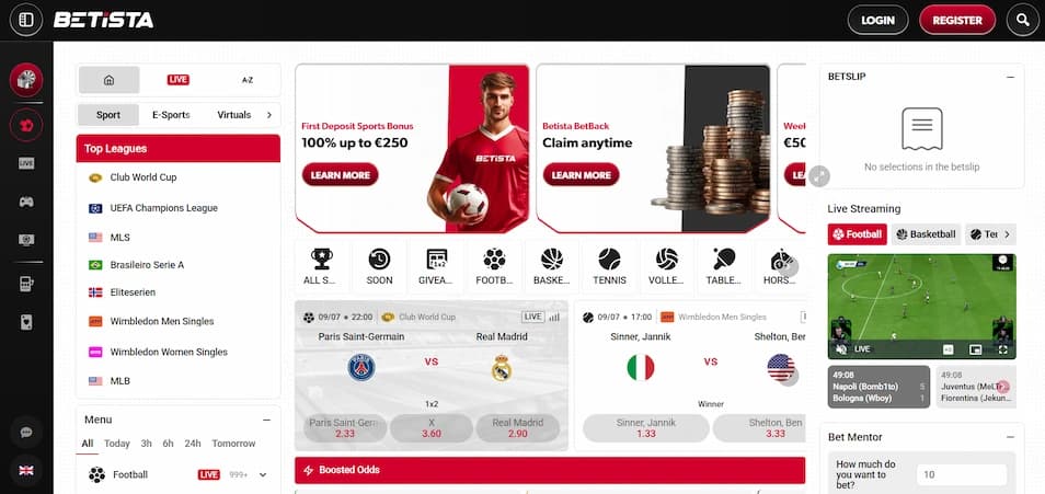 Betista sportsbook interface showing top leagues, sports bonus offers, disciplines including football, tennis and basketball, a sidebar navigation menu, boosted odds, a betslip panel, and a live streaming section.
