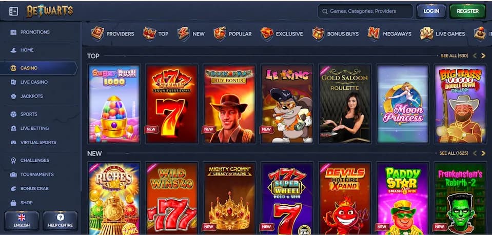 Betwarts Casino game lobby showing top and new game filters on a blue background