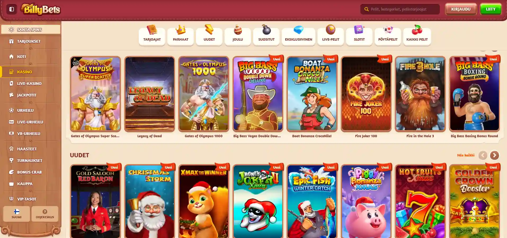 BillyBets Casinon pelivalikoima, hakusuodattimet ja navigointivalikko keltaisen ja punaisen värimaailman kera.