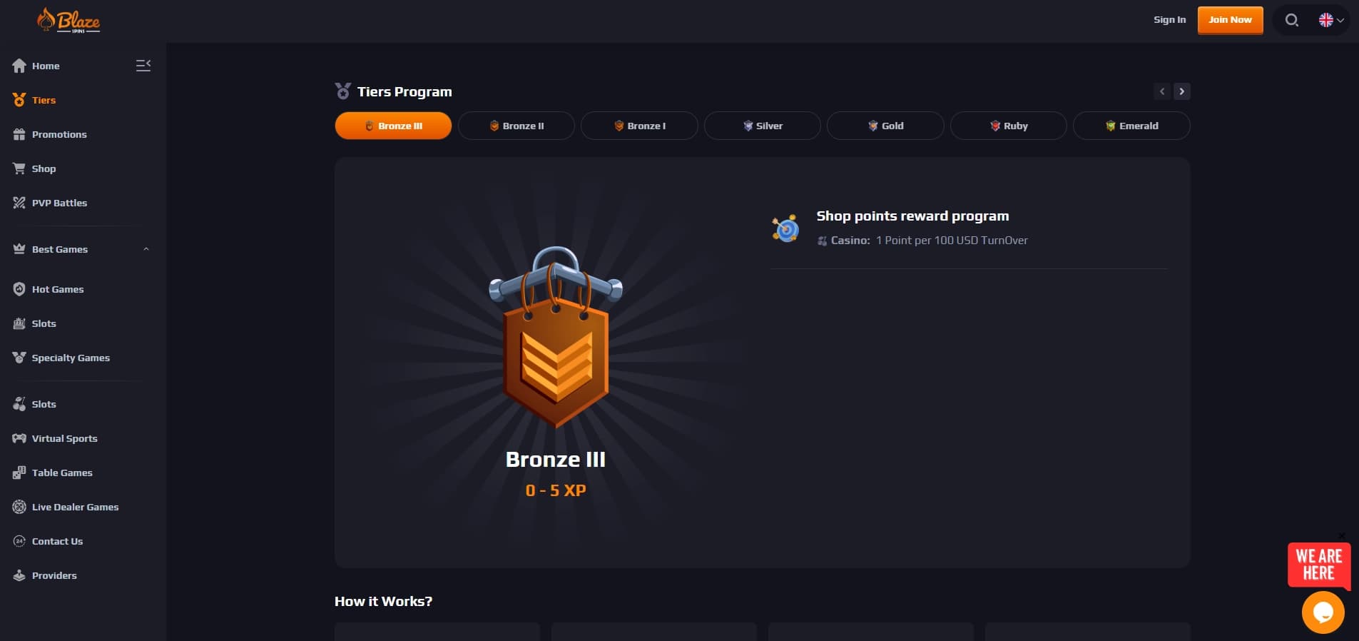 Blaze Spins VIP Tiers Program displaying Bronze III level details alongside casino menu options, sign in button, and join now button.