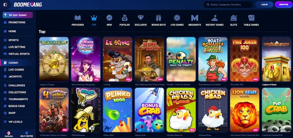 Boomerang Bet Casino game lobby showing slots and live dealer options for Canadian players