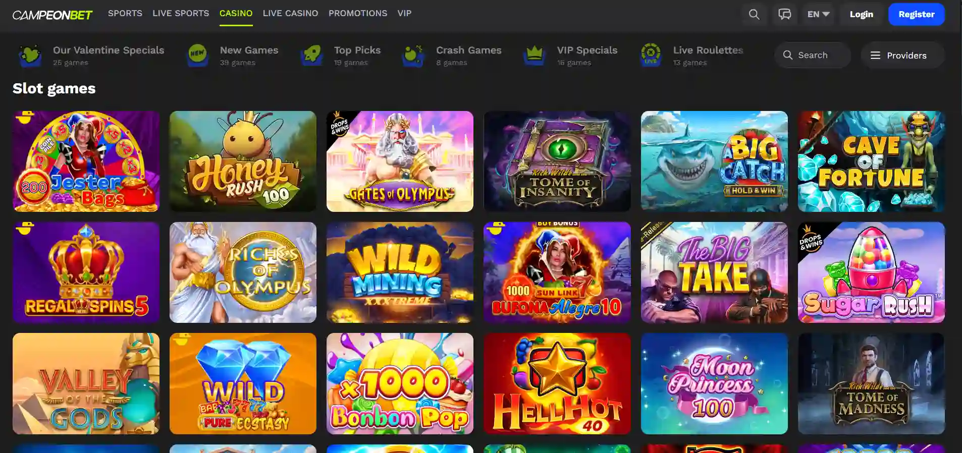 Campeonbet casino game lobby showing slot titles and provider filter options on a dark background.