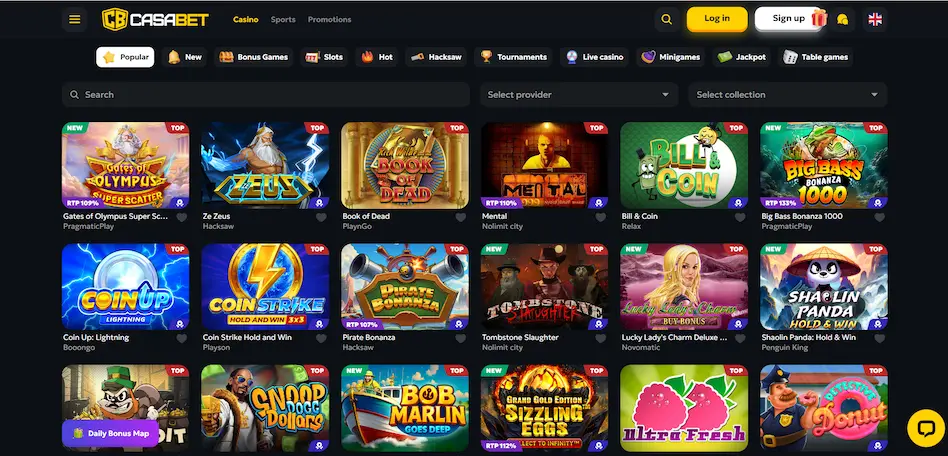 CasaBet casino game lobby showing filtering tools, navigation menu, and popular titles including Gate of Olympus Super Scatter, Ze Zeus, and Book of Dead on a black background
