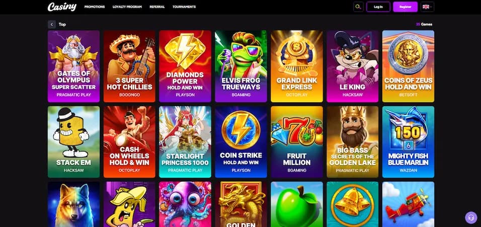 Casiny casino lobby showing navigation menu with promotions, loyalty program, register, and log in options