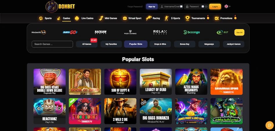 Donbet Casino game lobby showcasing popular slots and navigation menu on a dark background